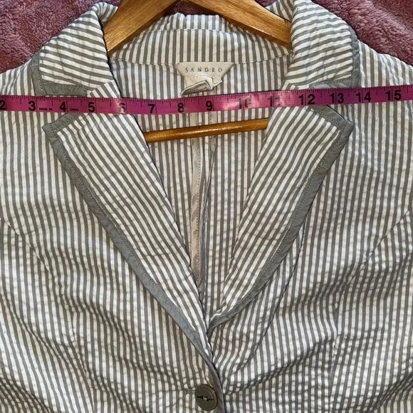 Sandro Paris Women's Jacket 100% Cotton Grey And White Seersucker Size M GUC - Picture 9 of 9